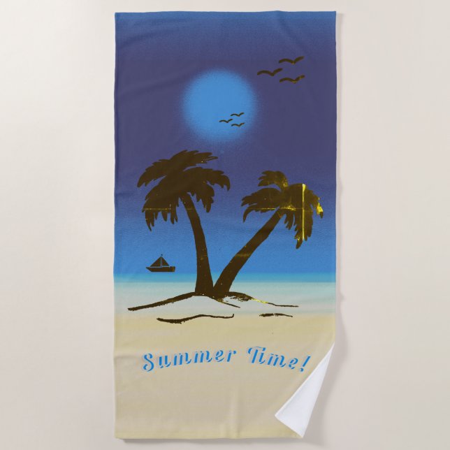 Palm Trees Beach Summer Time! Night Time Blue Beach Towel (Front)