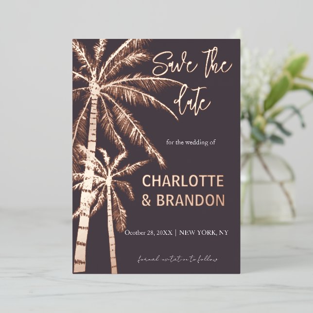 Palm Trees Beach Wedding Rose Gold  Foil Invitation (Standing Front)
