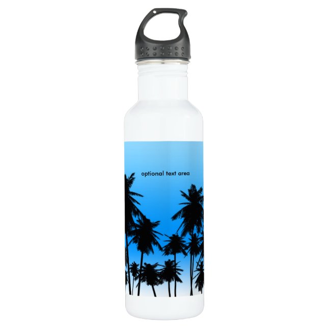 Palm Trees Blue Beach Tropical Theme Stainless Steel Water Bottle (Front)