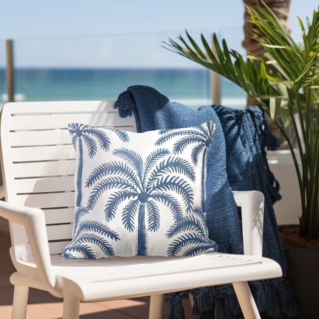 Palm Trees Blue White Outdoor Pillow (Creator Uploaded)