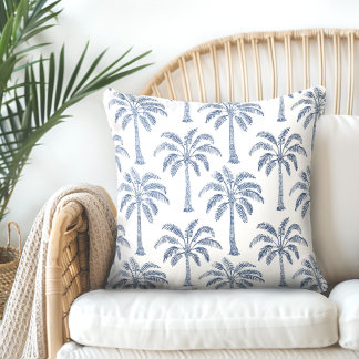 Palm Trees Blue White Throw Pillow - Double-Sided