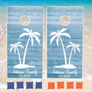 Palm Trees Blue Wood Background Beach House Family Cornhole Set