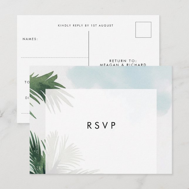 Palm trees boho beach wedding rsvp postcard (Front/Back)