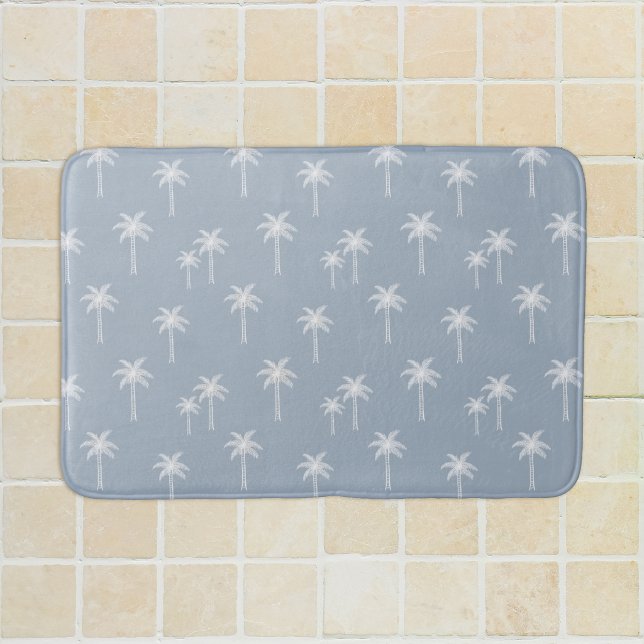 Palm Trees Boho Coastal Farmhouse Dusty Blue Bath Mat (Creator Uploaded)