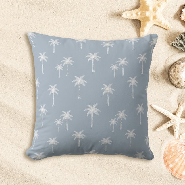 Palm Trees Boho Coastal Farmhouse Dusty Blue Throw Pillow (Creator Uploaded)