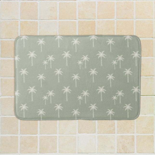 Palm Trees Boho Coastal Farmhouse Muted Sage Green Bath Mat (Creator Uploaded)