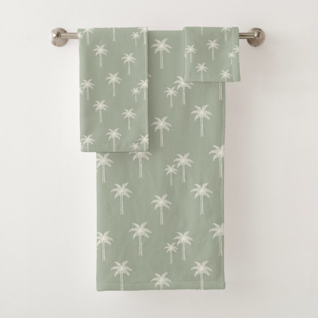 Palm Trees Boho Coastal Farmhouse Muted Sage Green Bath Towel Set (Insitu)