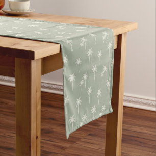Palm Trees Boho Coastal Farmhouse Muted Sage Green Short Table Runner