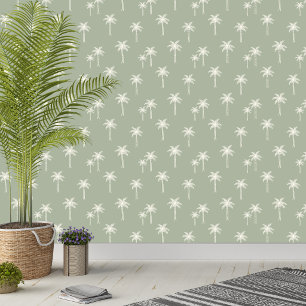 Palm Trees Boho Coastal Farmhouse Muted Sage Green Wallpaper