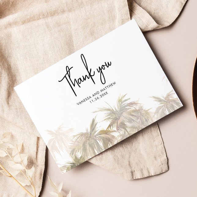 Palm Trees Budget Hand-Lettered Wedding Thank You (Palm Tree Watercolor Wedding Thank You Card)