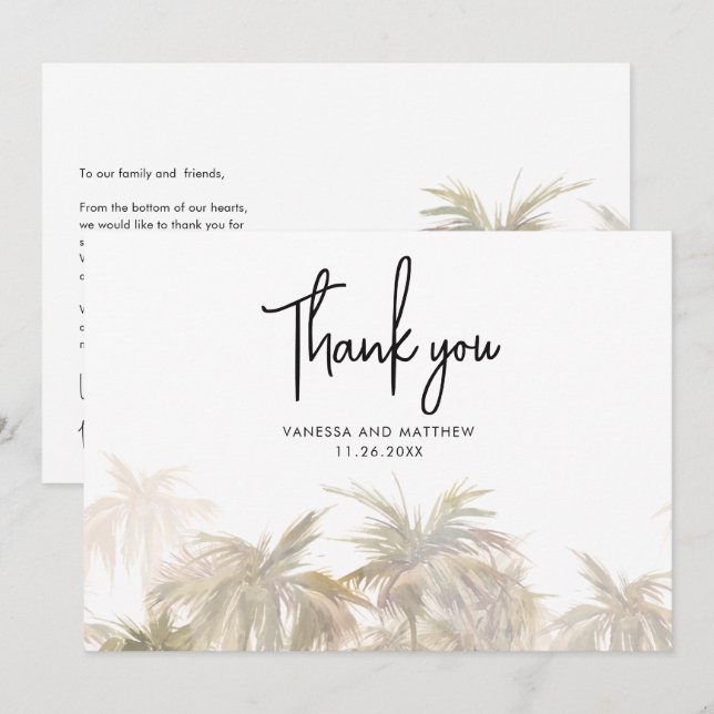 Palm Trees Coastal Hand-Lettered Wedding Thank You Card (Front/Back)