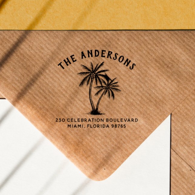 Palm Trees Curved Text Family Name Return Address Rubber Stamp (Rubber Stamp Mock-up)