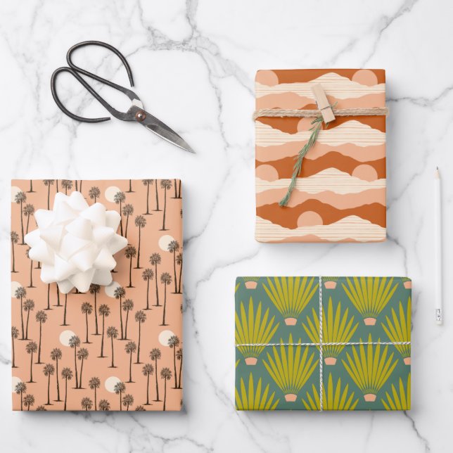 Palm Trees, Desert Mountain Sunset, Cacti Wrapping Paper Sheets (Front)