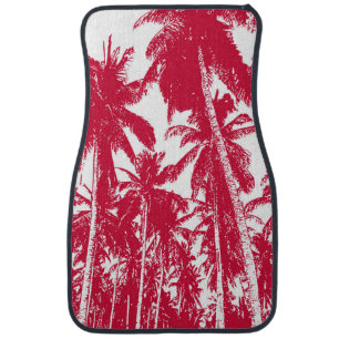 Palm Trees Design as Silhouette in Red and White Car Floor Mat