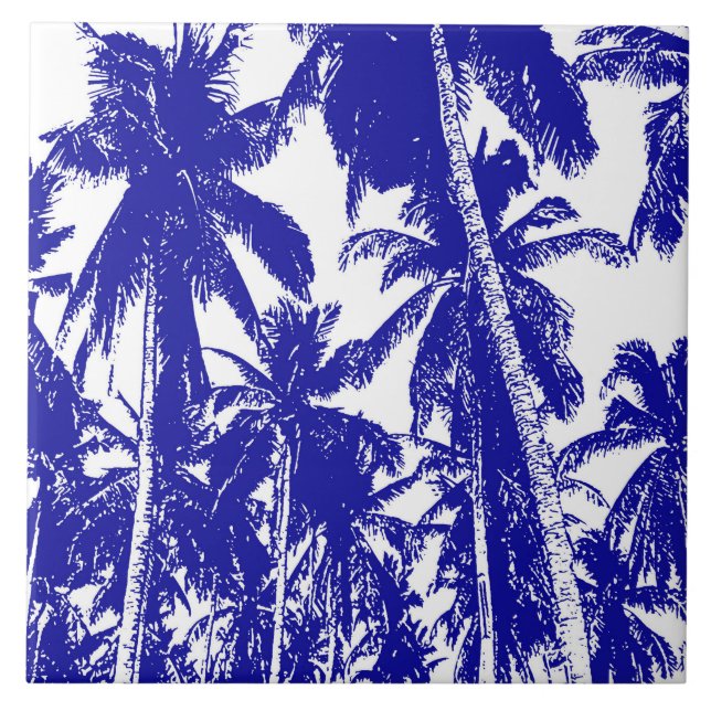 Palm Trees Design Blue & White Ceramic Tile (Front)