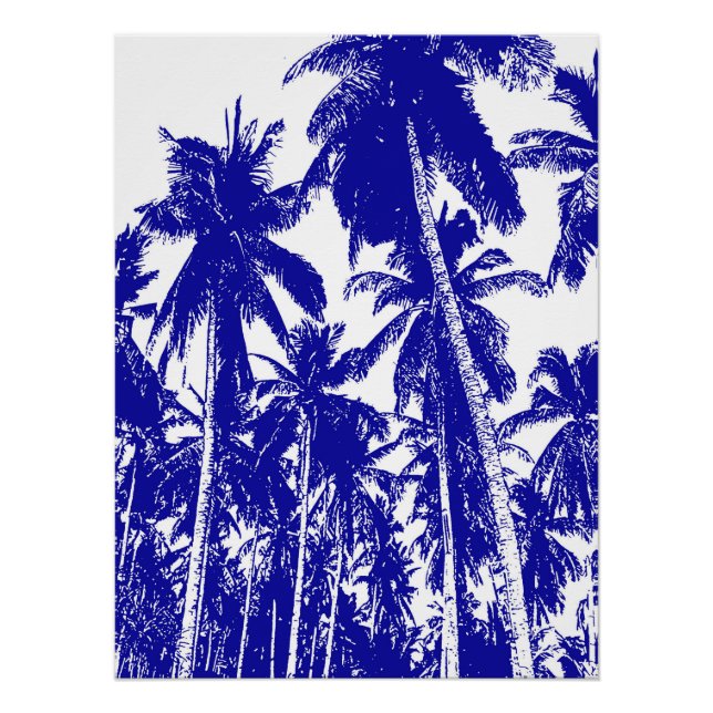 Palm Trees Design Blue & White Posterized Effect Poster (Front)