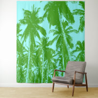 Palm Trees Design Green & Blue Posterised Effect Tapestry