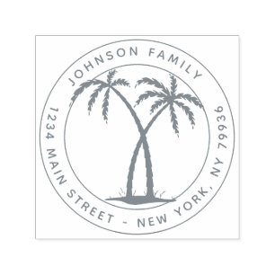 Palm Trees Family Name Modern Round Return Address Self-inking Stamp