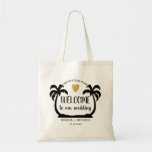Palm Trees Gold Heart Destination Wedding Welcome Tote Bag<br><div class="desc">Welcome your guests to your destination wedding with a wonderful goodie bag personalized with  couple names, wedding date and location. Palm trees illustration frames the details of the beach wedding .</div>