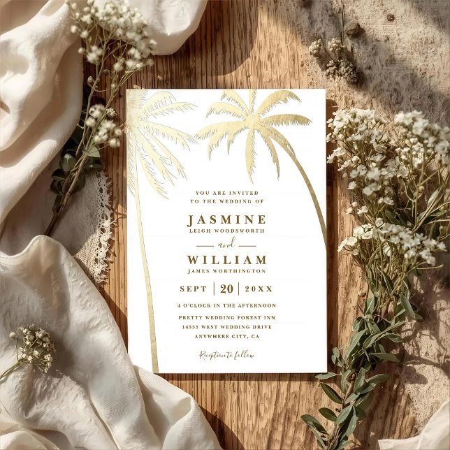 Palm Trees Golden Elegant Modern QR Code Wedding Invitation (Creator Uploaded)