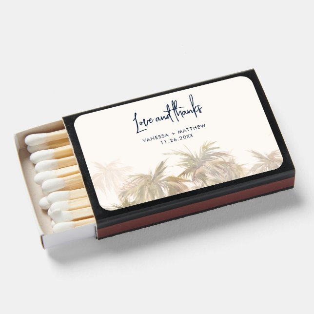 Palm Trees Hand-Lettered Beach Wedding Thank You Matchboxes (Front Open)