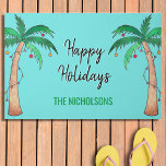 Palm Trees Happy Holidays Personalized Doormat<br><div class="desc">This fun festive door mat is decorated with watercolor palm trees and Christmas lights on a turquoise background.
Personalize this mat with your name and change the greeting if you like.
Original Watercolor © Michele Davies.</div>