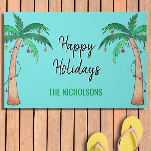 Palm Trees Happy Holidays Personalized Doormat