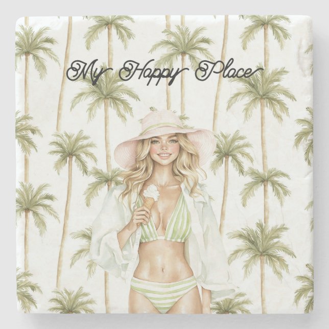 Palm Trees Happy Place Blond Lady Bathing Suit Stone Coaster (Front)