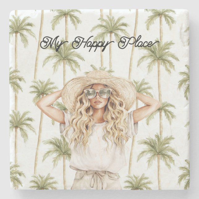 Palm Trees Happy Place Blond Lady Hat Stone Coaster (Front)