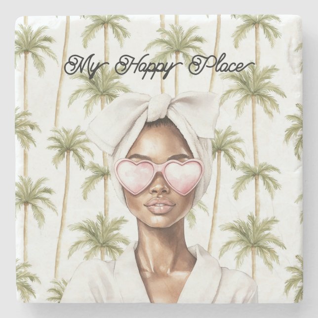 Palm Trees Happy Place Heart Glasses Black Lady Stone Coaster (Front)