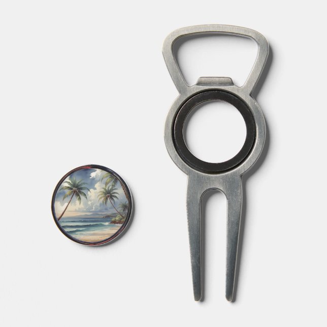 Palm Trees Hawaiian Travel Honolulu Blue Sea Divot Tool (Front (Open))