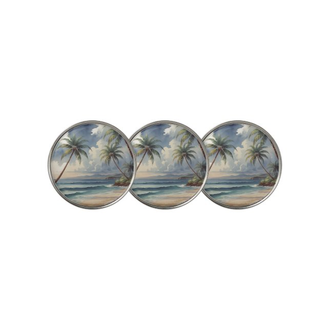 Palm Trees Hawaiian Travel Honolulu Blue Sea Golf Ball Marker (3 Up)