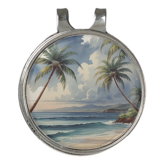Palm Trees Hawaiian Travel Honolulu Blue Sea Golf Hat Clip (Front)