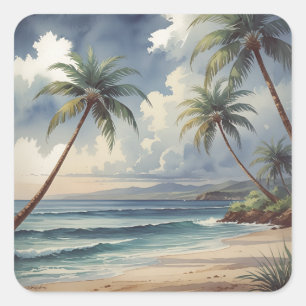 Palm Trees Hawaiian Travel Honolulu Blue Sea Square Sticker