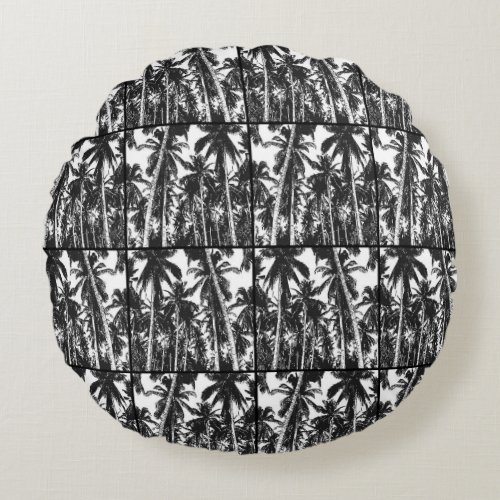 Palm Trees in a Black and White Silhouette Effect  Round Pillow