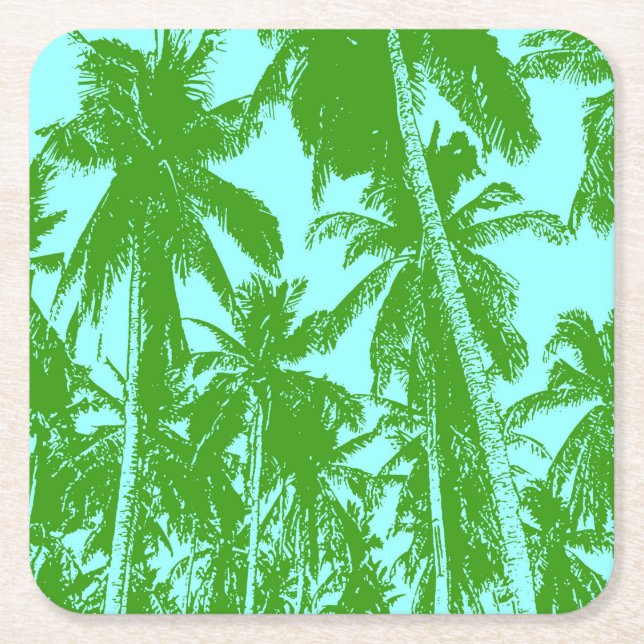 Palm Trees in a Posterised Design Square Paper Coaster (Front)