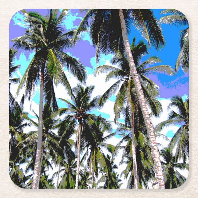 Palm Trees in a Posterised Design Square Paper Coaster (Front)