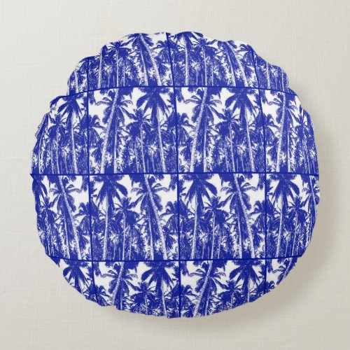 Palm Trees in Blue and White Silhouette Effect Dec Round Pillow