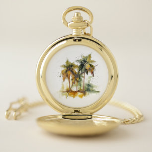 Palm trees in green and yellow watercolor tropics pocket watch