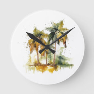 Palm trees in green and yellow watercolor tropics round clock