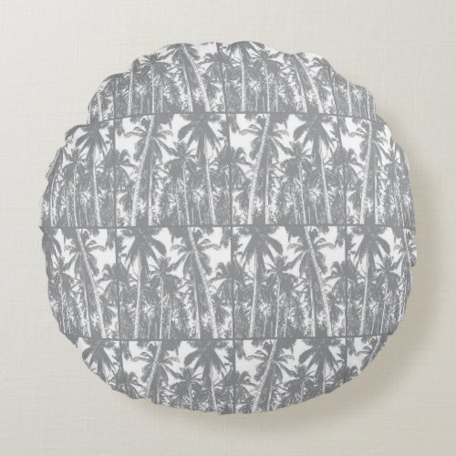 Palm Trees in Grey and White Silhouette Effect Dec Round Pillow