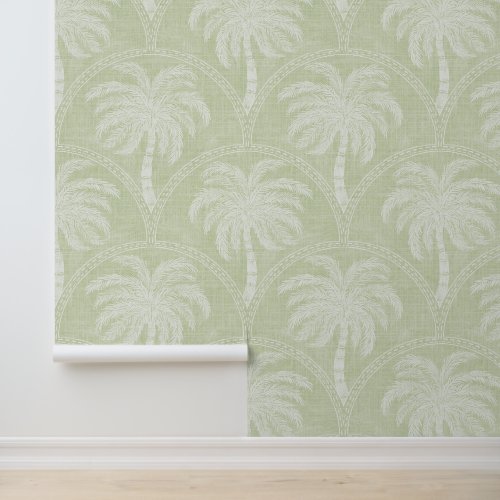 Palm Trees in Pastel Green Arch Motifs Textured Wallpaper