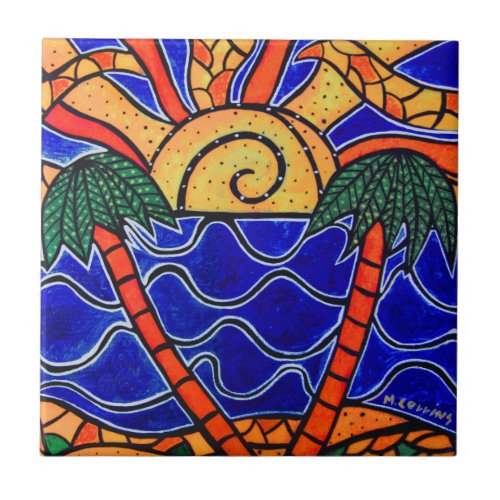 Palm Trees In Sunset Tropical Tile Beach Art