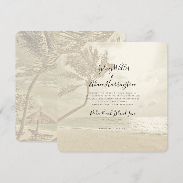 Palm Trees Island Beach Sepia Wedding Invitation (Front/Back)