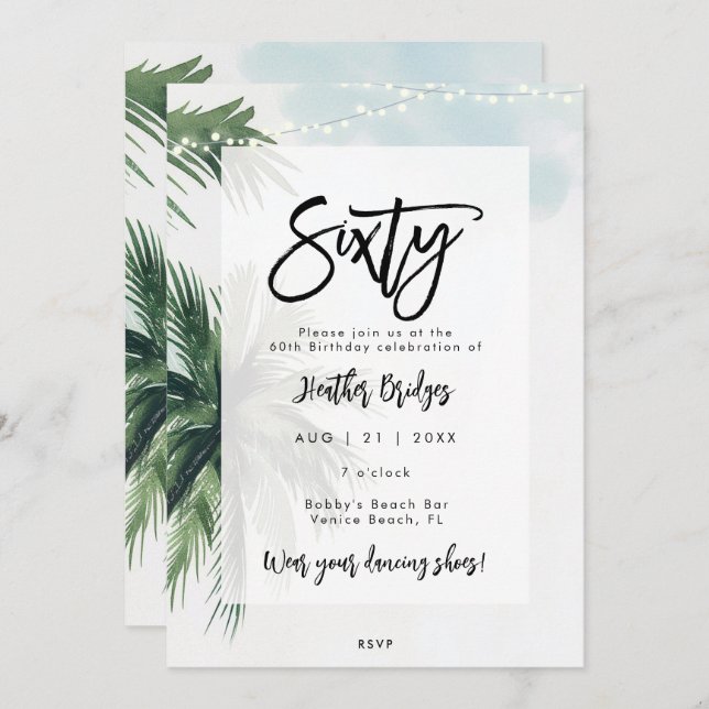 palm trees lights 60th birthday party invitation (Front/Back)