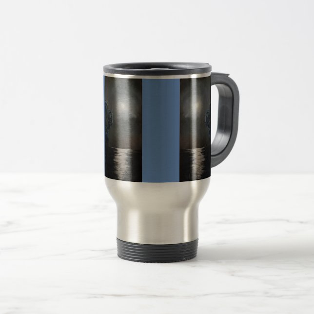 Palm Trees Loom Tall at Lakeside in Moonlight Travel Mug (Front Right)