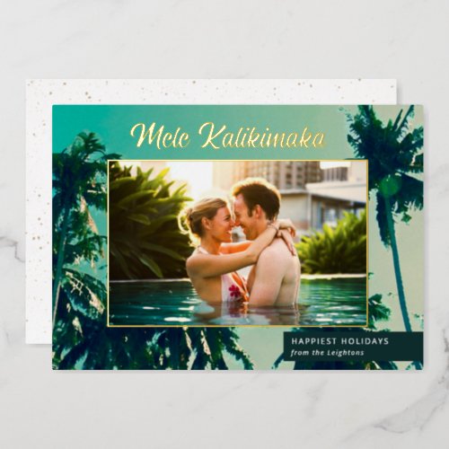 Palm Trees Mele Kalikimaka Horizontal Photo Foil Holiday Card