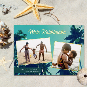 Palm Trees Mele Kalikimaka Two Photo Collage Foil Holiday Card