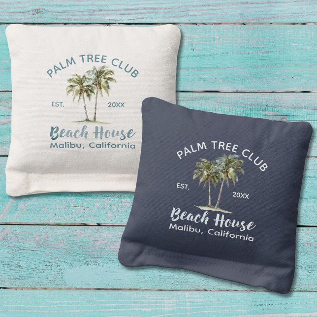 Palm Trees Modern Beach House Cornhole Bags (In situ, beach)