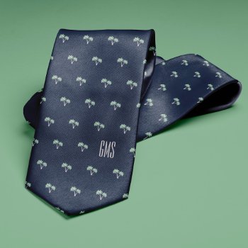 Palm Trees Monogrammed Navy Blue Neck Tie by heartlocked at Zazzle